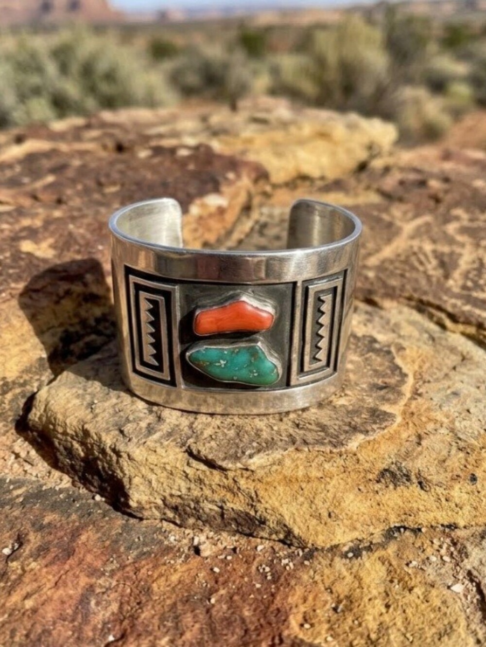 Vintage SS Coral & Turquoise Inlay Cuff Bracelet Hallmarked "TC" 121g - "6.5"